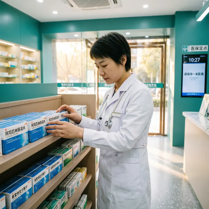 A pharmacist restocking a medication shelf