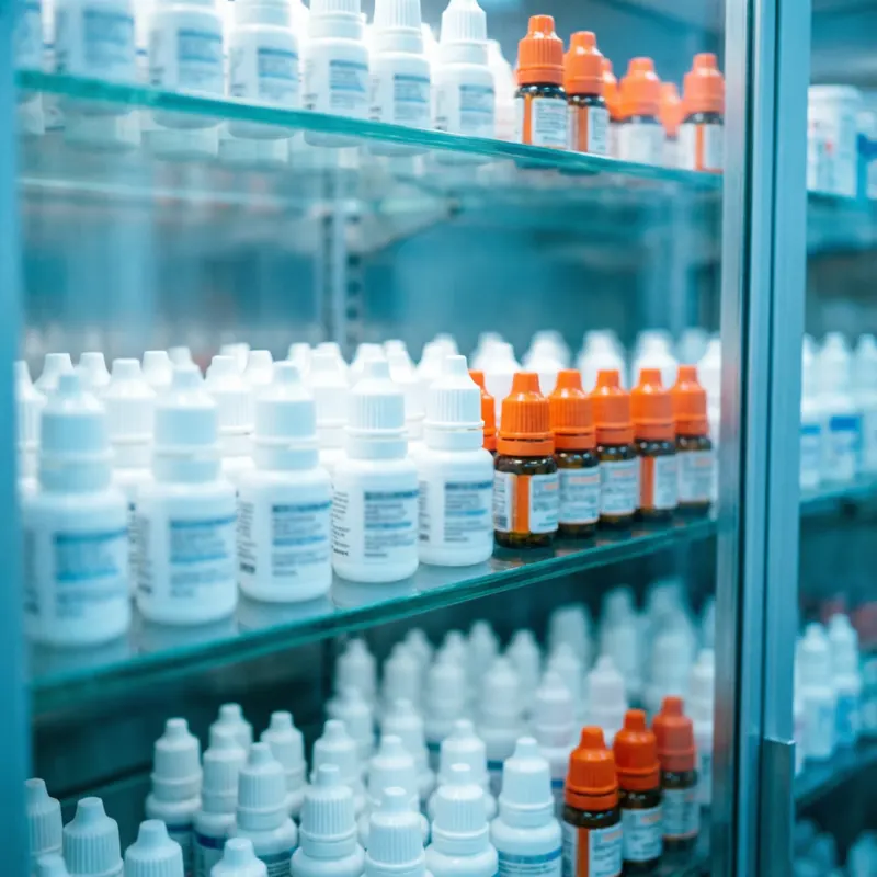 A temperature-controlled pharmacy shelf stocked with specialty eye-drop medications